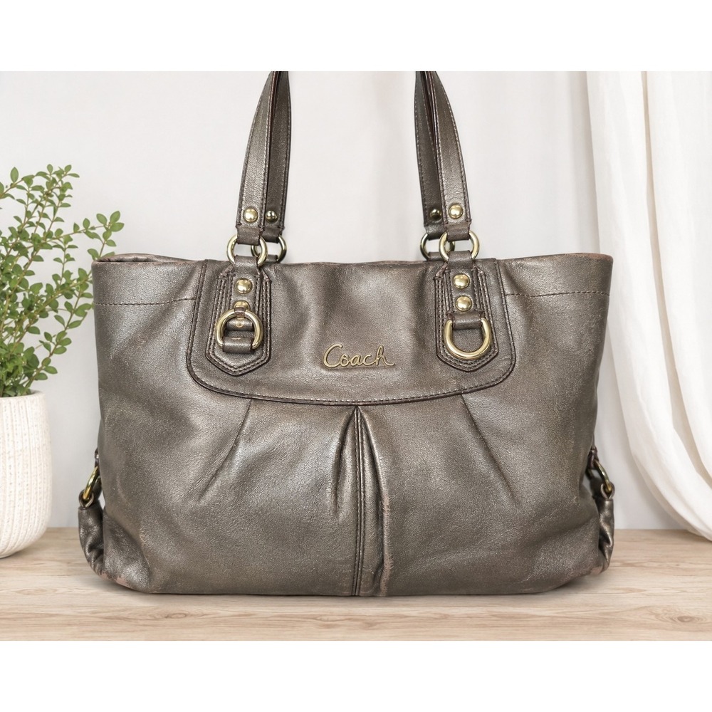 Coach Metallic Bronze Leather Pleated Tote Shoulder Bag Gold Hardware Large...